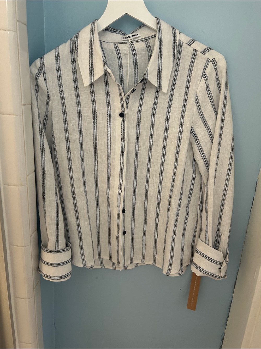 Reformation Men’s Linen-Blend Vertical Stripe Shirt in White and Blue